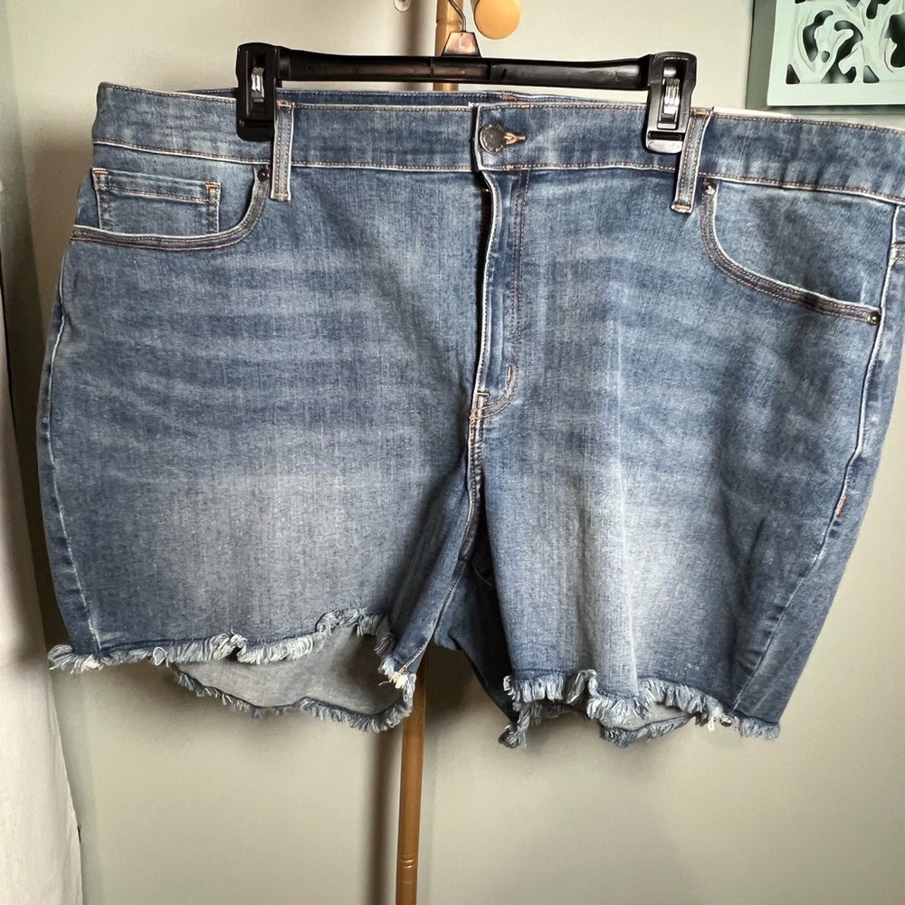 Lane Bryant Blue Jean Shorts with Frayed Hem and Mid-Thigh Length